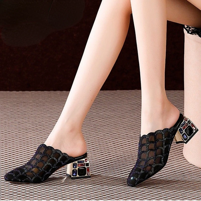 Luxury Rhinestone Women's High Heel Slippers 2023 New Summer Fashion Outwear Thick Heel Mesh Sandals Women's Soft Bottom Mules