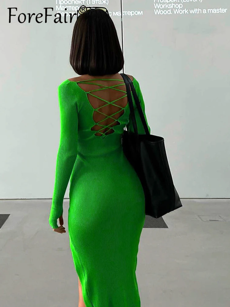 

Forefair Casual Midi Split Winter Green Long Sleeve Bodycon Dress 2022 Autumn Women Knitted Sexy Backless Dresses Party