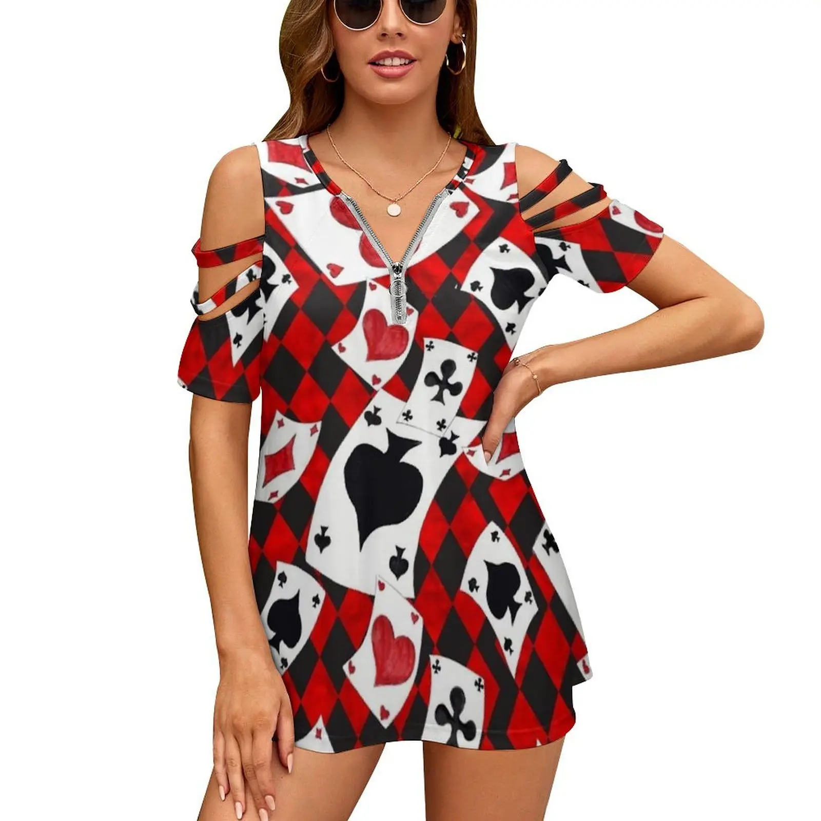 

Женская рубашка с коротким рукавом, открытыми плечами и молнией