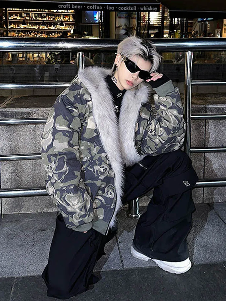 Cleanfit Camouflage Cotton-padded jacket Men's Winter Thickened American vintage Fur Collar Hood Mountain Carving Outerwear C...