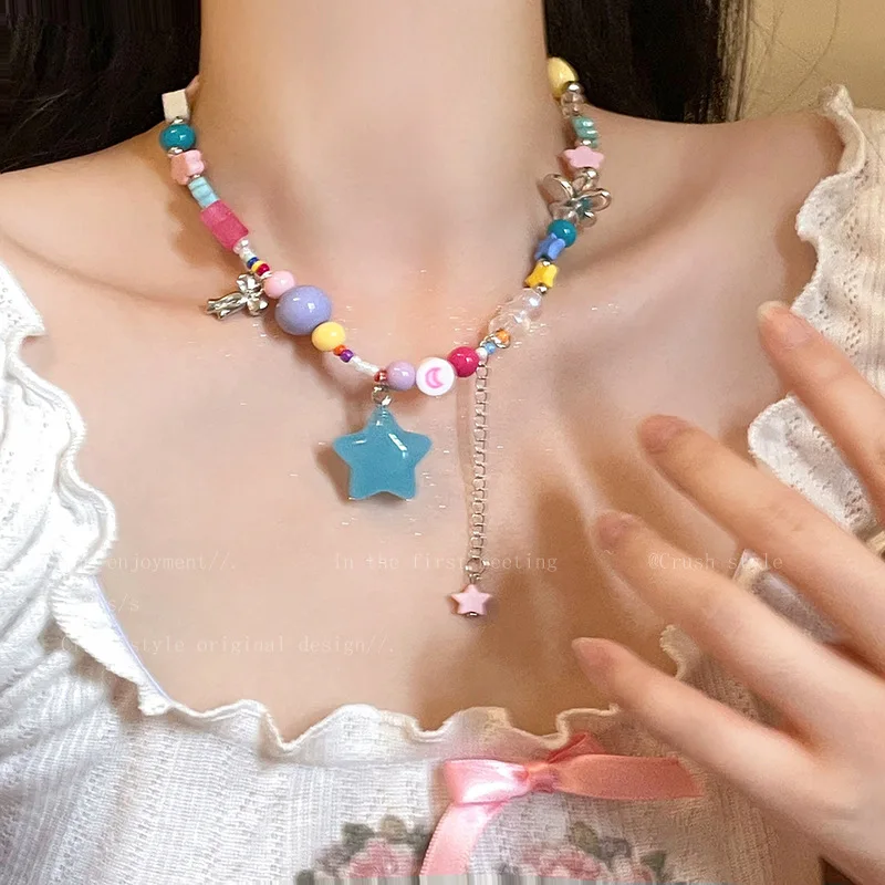 

Dopamine Sweet Collarbone Necklace Candy Color Scheme Pentagram Pendant Necklace For Women Girls