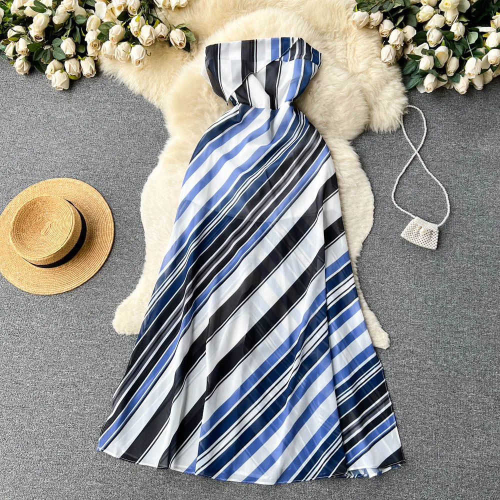 

Senior Sense Striped Sheath Dress Female Summer New Temperament Backless Sexy Waist Open Long Section Drag Dress