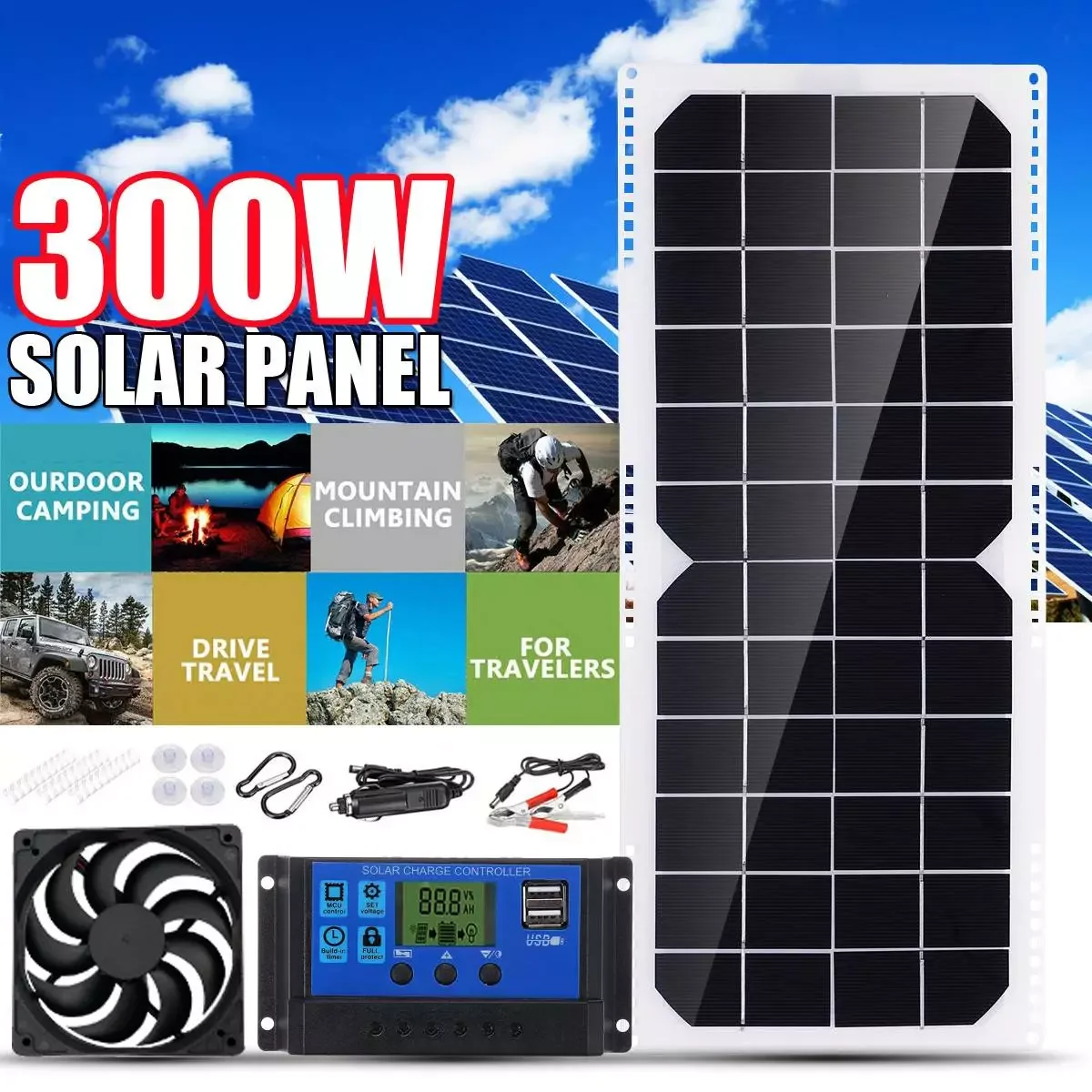 

300W Solar Panel Kit 12V USB charging Solar Cell Board Portable for Phone RV Car MP3 PAD 100A Controller With Exhaust Fan