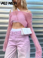 allneon 2000s fashion pink knitted long sleeve covers women autumn y2k streetwear o neck hollow out cropped pullovers cute tops