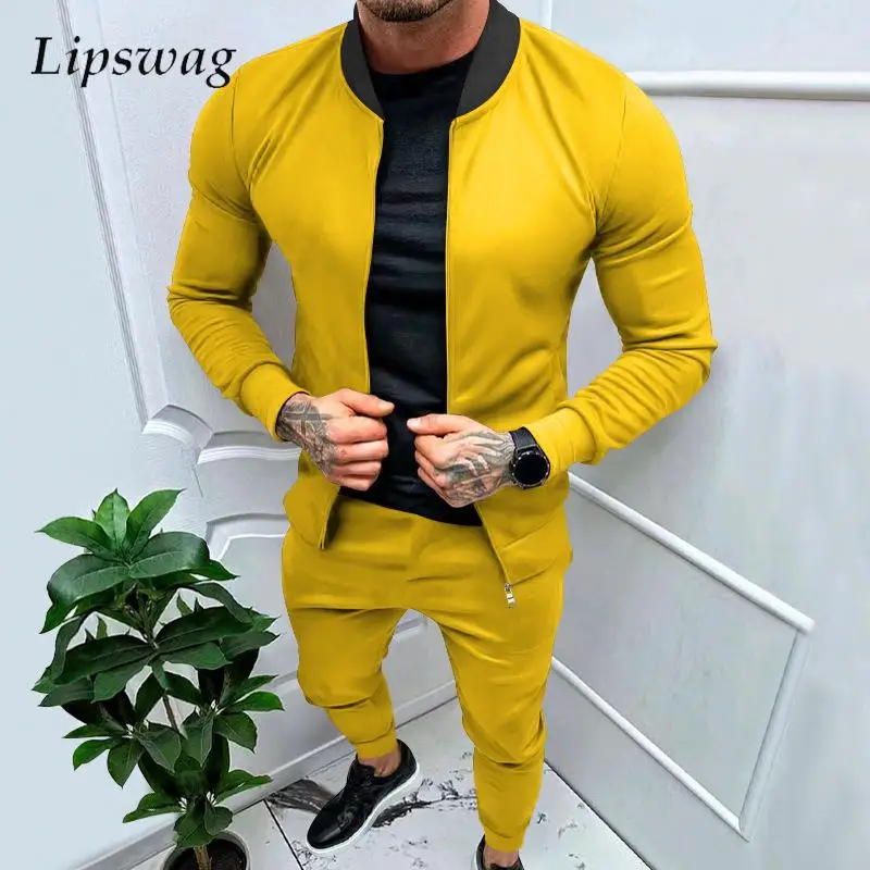 

Hip Hop Two Piece Set Mens Long Sleeve Stand Collar Zip-up Jacket And Pants Slim Tracksuits Men Autumn Fashion Suits Streetwear