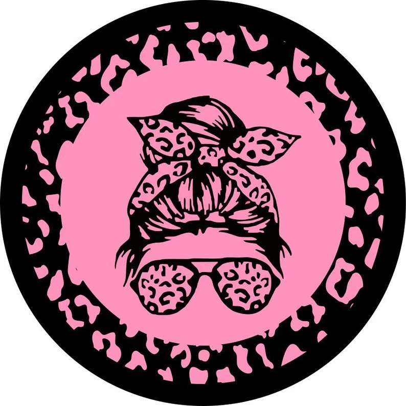 

Messy Bun Leopard/Cheetah Print Girl Sunglasses Spare Tire Cover for any Vehicle, Make, Model & Size - Jeep, RV,
