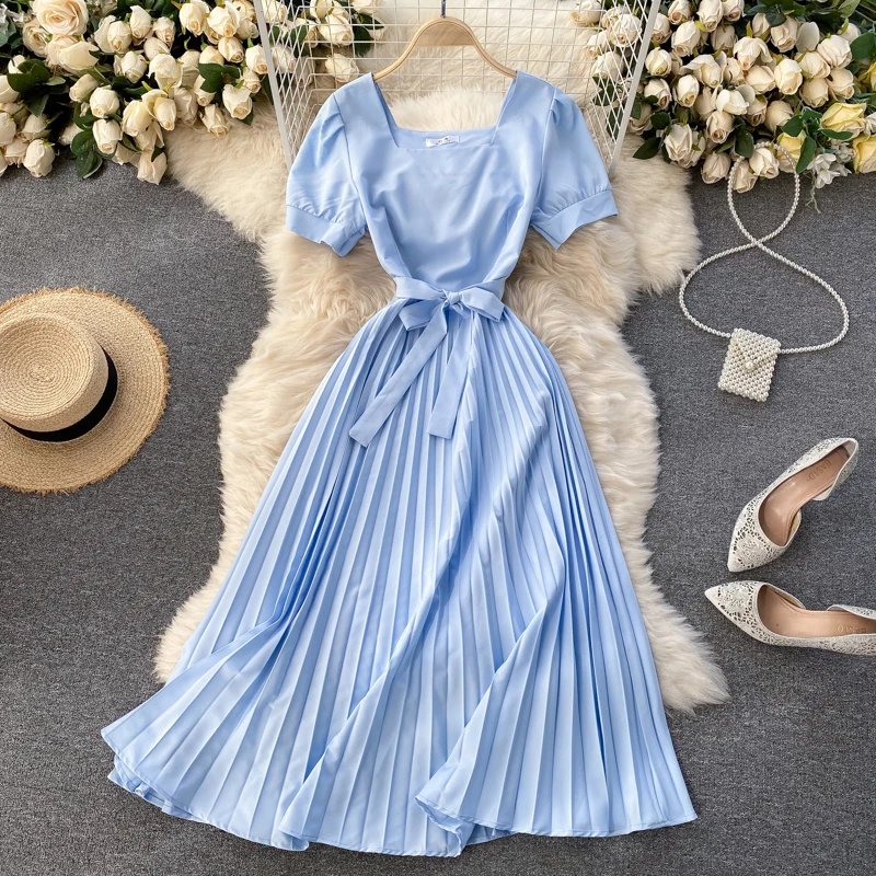 

Elegant Solid Dress Women Square Collar Short Sleeve Pleated Office Dresses Summer Korean Midi Long Dress 2023