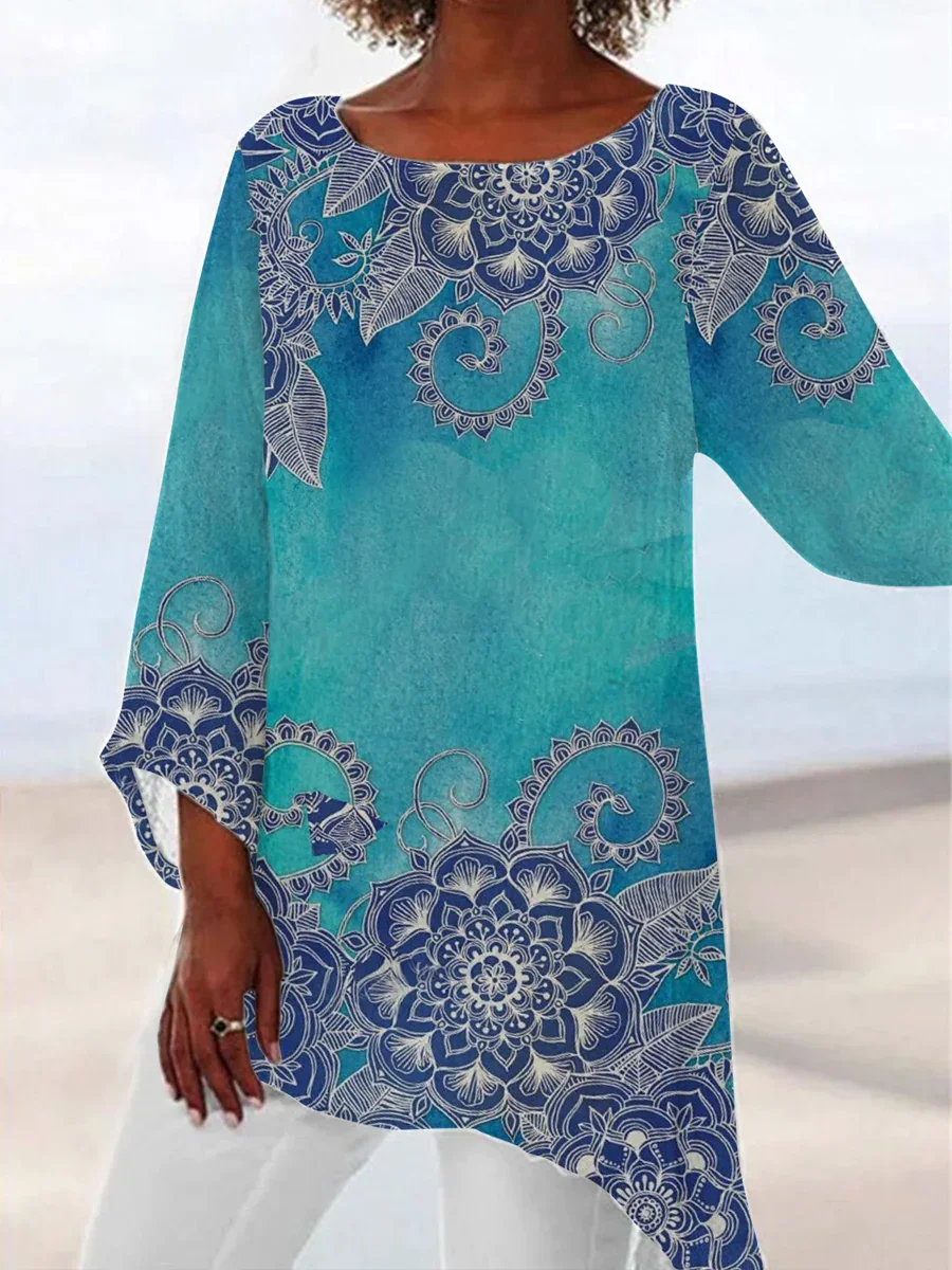 

Tribal Folk Flower Gradient Loose Pullover Top Plus Size