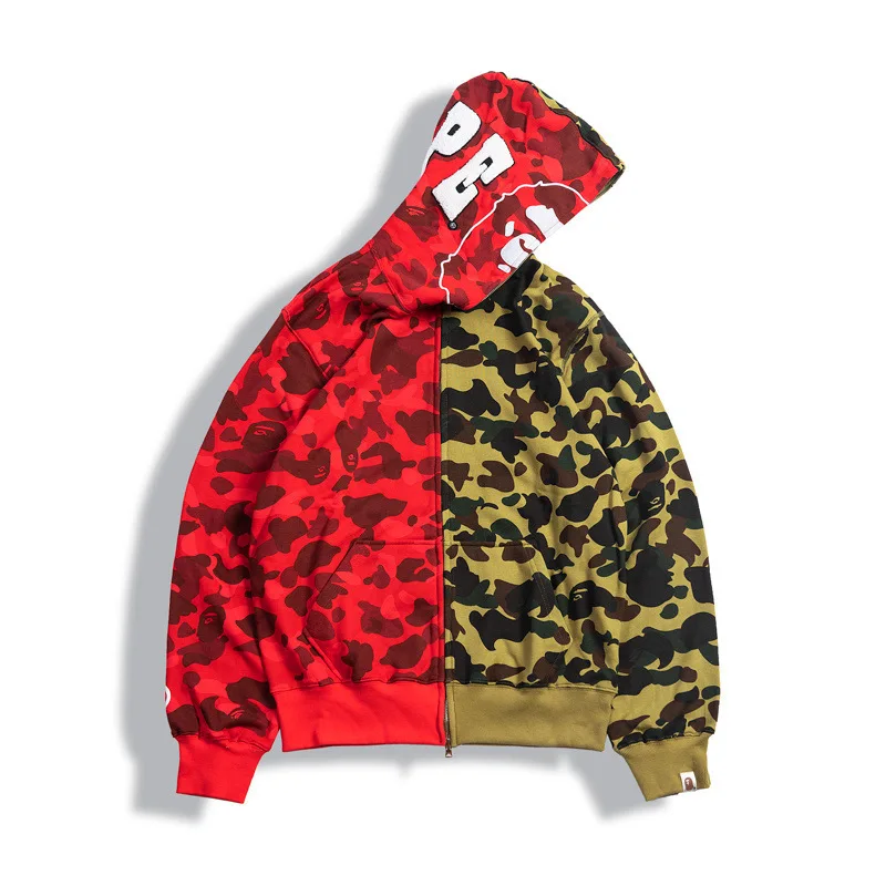 

Bape Camouflage Stitching Ape Print Cardigan Zipper Men's And Women's Casual Hooded Sweater Jacket