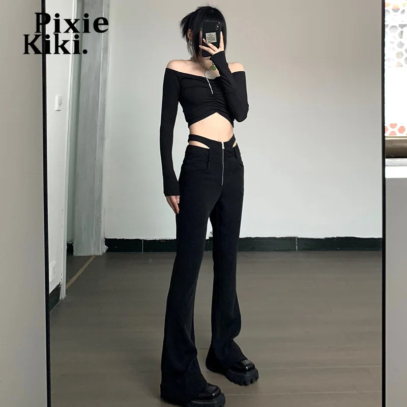 

PixieKiki Zipper Front Cut Out Low Waisted Flare Pants Y2k Streetwear Gothic Grunge Clothes Black Casual Trousers P95-EF30