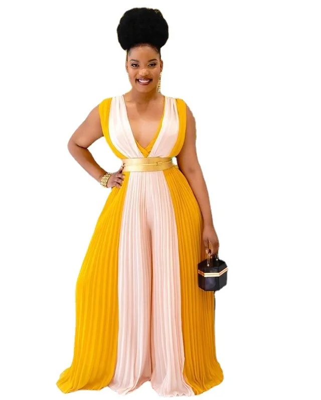 Women's Jumpsuit New Sexy V-neck Sleeveless Floor Sweeping Pleated Wide Leg Pants Fashion And Leisure One Piece For Women