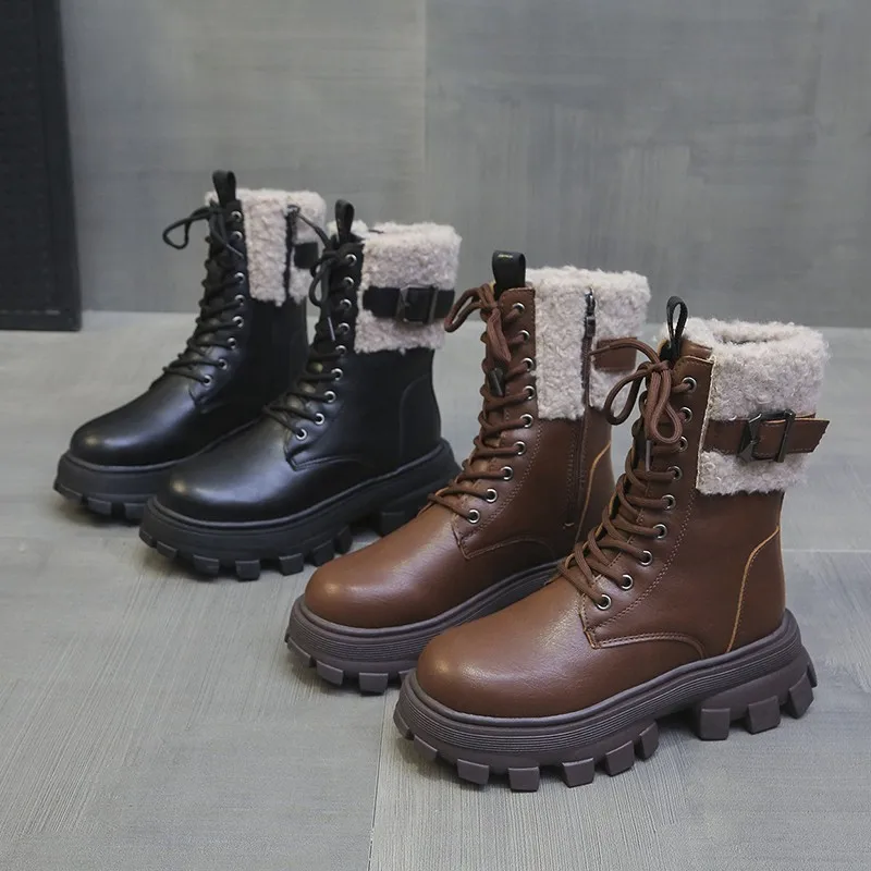 Thick Soled Leather Ankle Boots Women's 2023 New Lace Up Thickened Thermal Short Boots Women's Thick Soled Winter Shoes Women's