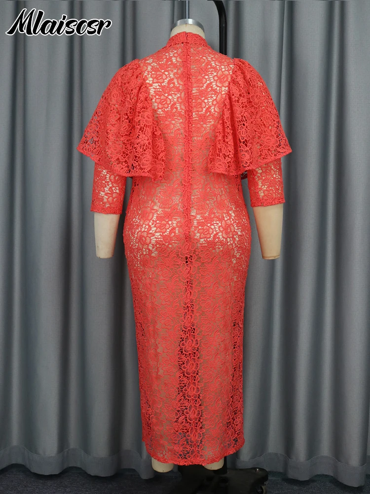 Женское кружевное платье миди Mlaiscsr красное Прозрачное с рукавом 3/4 и нижним