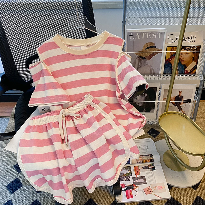 

Off Shoulder Short Sleeve Blouse Loose Shorts Two Piece Set Striped 2023 Summer Outfits For Women Korean Clothing Sporty