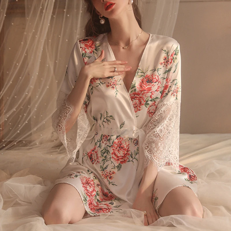 Sexy Women's Night-robe Printed Lace Up Robe Loose Cardigan Nightdress Women's Home Wear Set Transparent Lace Sleeves Pajamas
