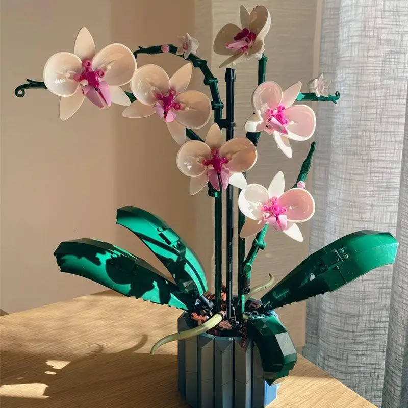 

608Pcs Orchid Flower Potted Building Blocks Pink Bouquet Plant Decoration Romantic Set Home Display Assembly Toy Girl Gifts