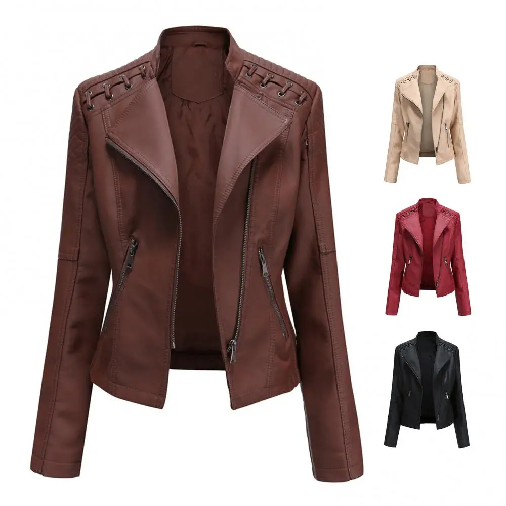 Women Autumn Winter Faux Leather Jacket Zipper Stand Collar Motorcycle Slim Coat Women's Clothing женская куртка femme veste
