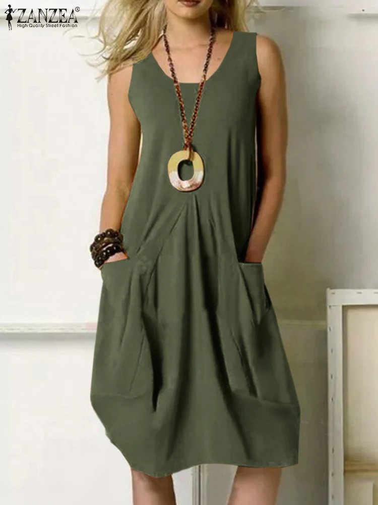 

ZANZEA Women Elegant Dress Summer Scoop Neck Sleeveless Pockets Solid Ruffled Mini Sundress Fashion Casual Loose Oversized Robe