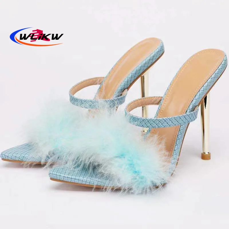 

Босоножки женские с острым носком, пикантные меховые сандалии, модные дизайнерские туфли без задника, прозрачный перспекс, летние тапочки, ...