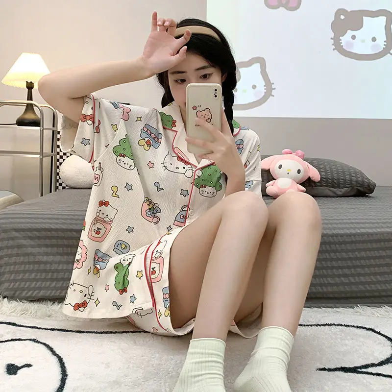 

Kawaii Sanrio Pajamas Hello Kittys Cotton Short Pajama Set Women Autumn Pajama Set Sweet Cute Women Pajamas Homewear Grils Gift