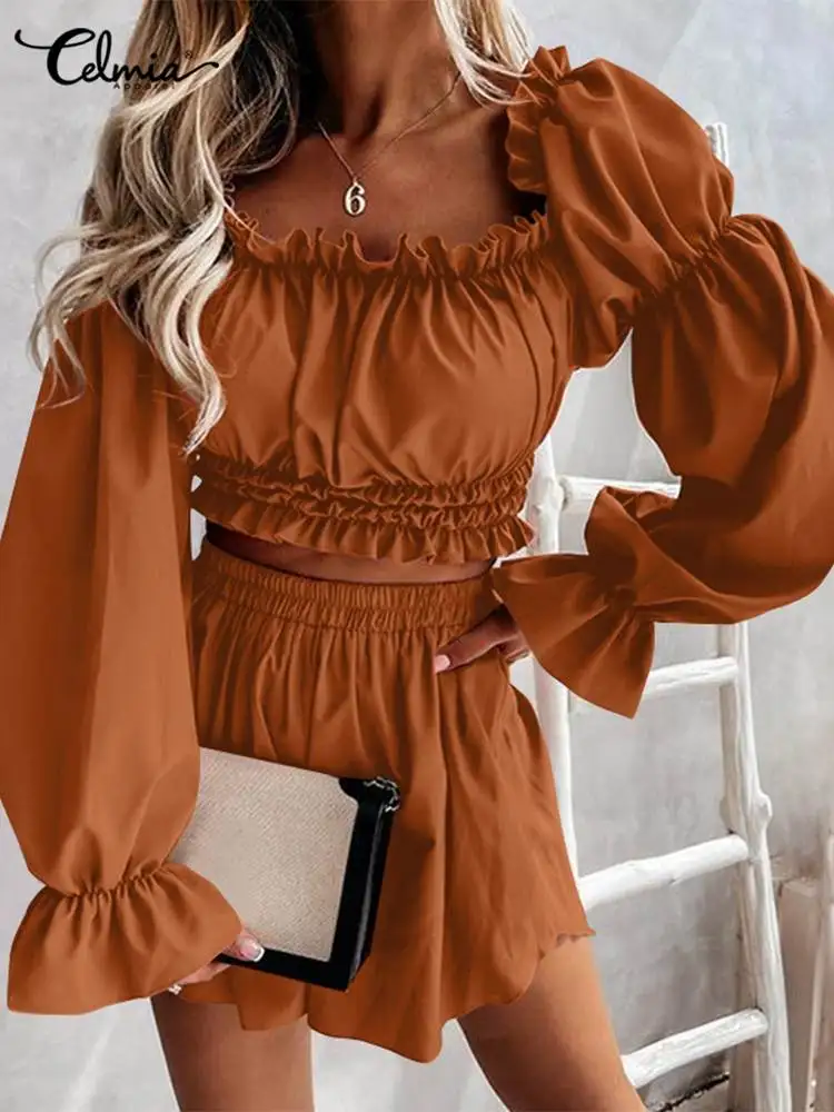 

Women 2 Piece Short Sets Celmia 2022 Sexy Off Shoulder Short Tops and Casual Baggy Shorts Suits Fashion Summer Ruffles Party Set