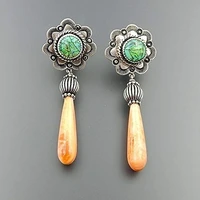 unique boho earrings silver color inlaid green stone carved flower drop earrings for women retro engagement party jewelry