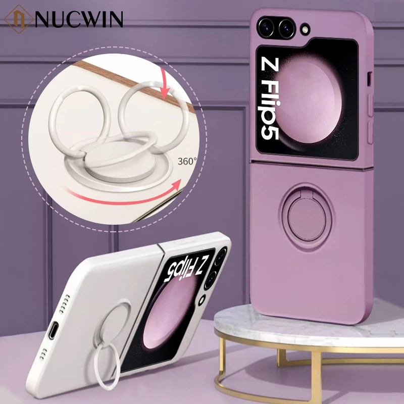 Luxury Ring Stand Magnetic Phone Case For Samsung Galaxy Z Flip 5 4 Flip 3 Bracket Skin Feel Silicone Cover For Samsung Z Flip5