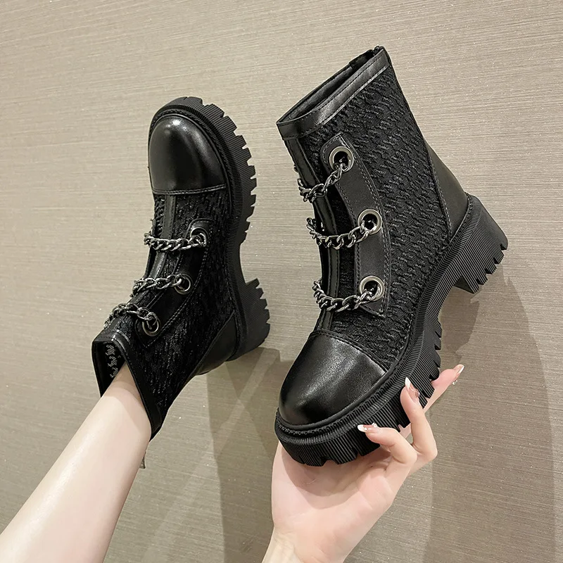 

Luxury New Women Boots Fashion Platform Boots Pearl Chain Casual Women Boots Chunky Boots Women Riding Boots