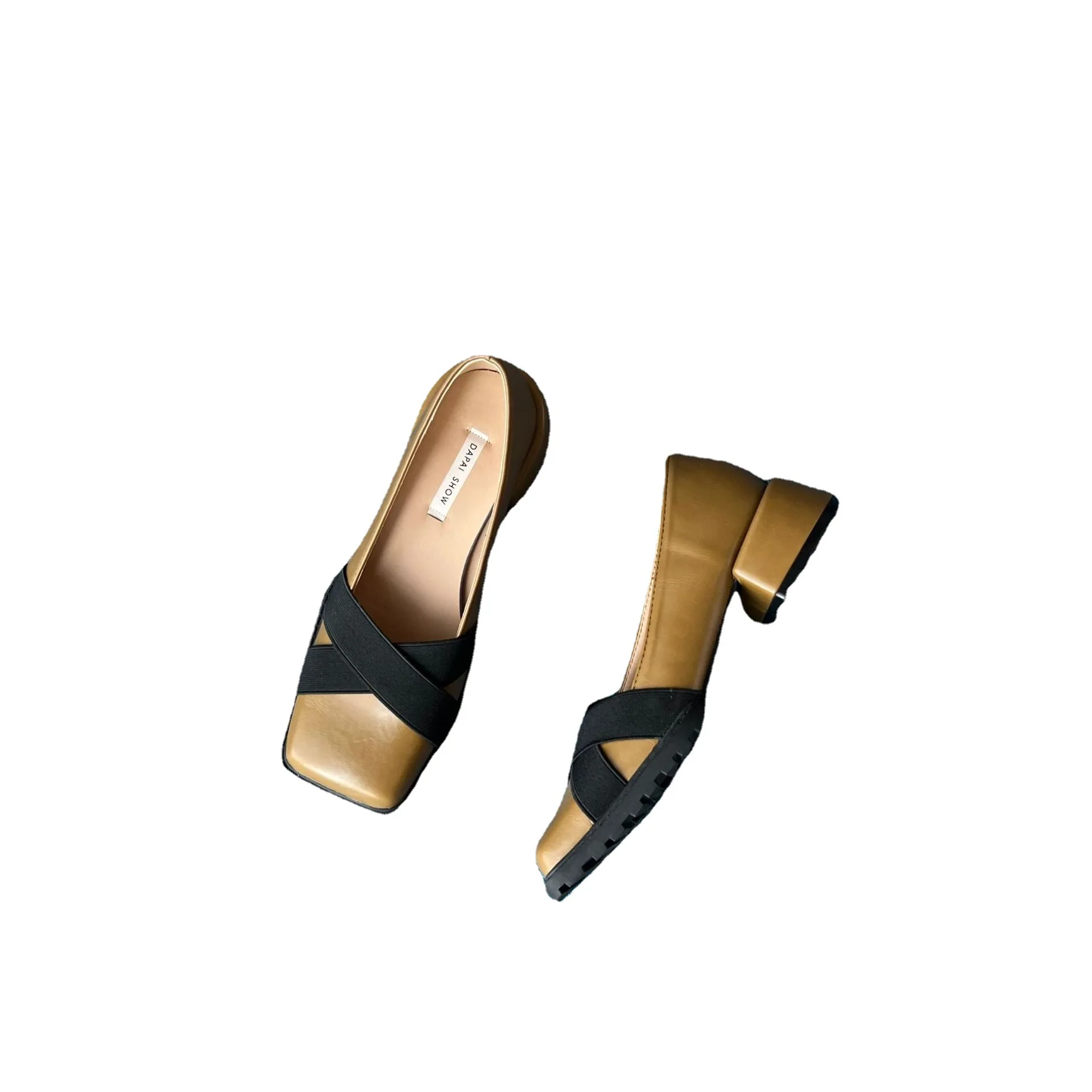 FAFA 2023 New Bowknot Shallow Mouth Thick Heel Single Shoes Women's Commuting Square Toe Elastic Belt Low Heel Shoes Women Shoes