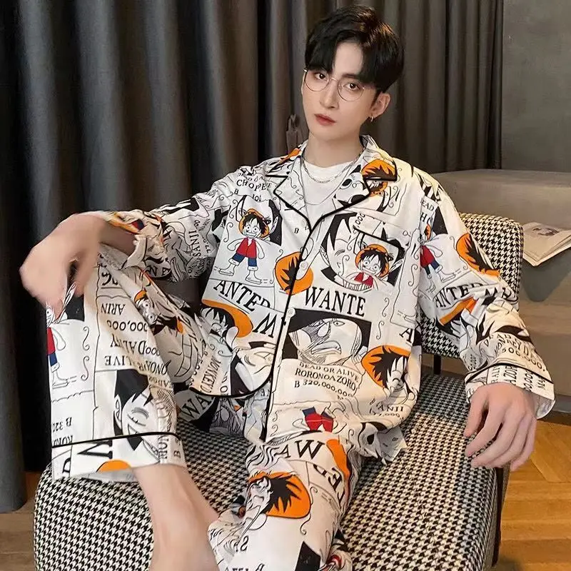 Men Pyjama Set Autumn Long Sleeves Home Clothes for Man Anime Bear  Luff Thin Pajamas Satin Silk Home Wear Stripe Sleepwear