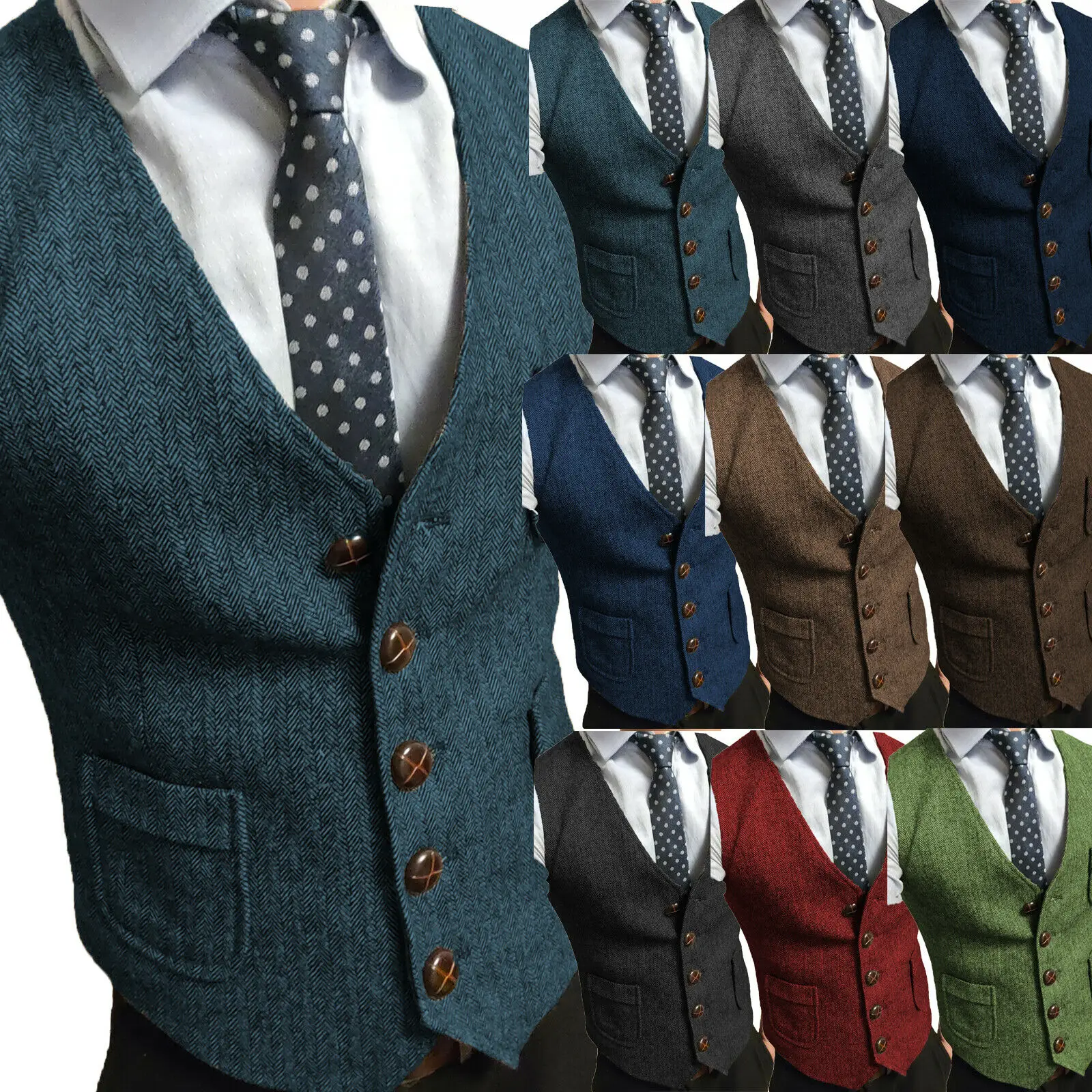 

Men's Suit Vest V-Neck Herringbone Tweed Vest Business Formal Sleeveless Jacket Steampunk Vest for Men
