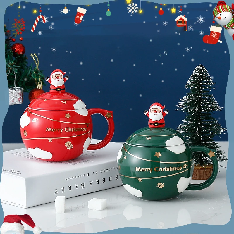 

Cute Cartoon Santa Claus Coffee Cup with Lid Spoon Ceramic Milk Breakfast Water Mug Creative Drinking Utensils Christmas Gift