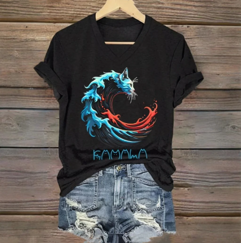 Женская футболка с животным принтом летняя одежда v-образным вырезом и короткими