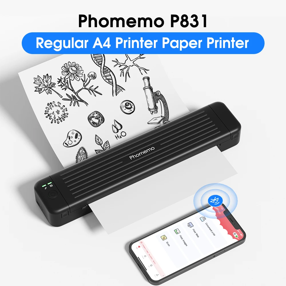 Bluetooth портативный принтер Phomemo P831 беспроводной без чернил 300dpi термопринтер с