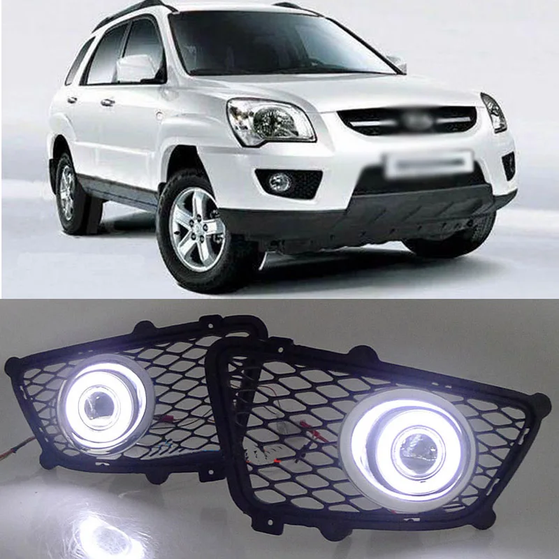 LED COB Angel Eye Rings Front Projector Lens Fog Lights Assembled Lamp Bumper Replacement Cover Fit For Kia Sportage 2009-2010