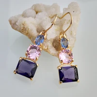 luxury square pink purple zircon drop earrings koreaanse mode gold color long engagement wedding earrings for women