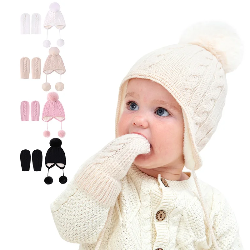 

Baby Winter Hat Gloves Suit for Girls Boys Autumn Knitted Hats Warm Ear Cap Cute Fur Ball Infant Beanie Caps Baby Stuff 2022 New