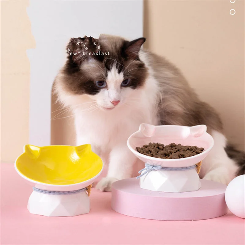

1pc Pet Supplies Ceramic Cat Bowl High Feet Cute Cat's Ears Feeder Protecting The Cervical Spine Pet Bowls for Puppy Dog Cat