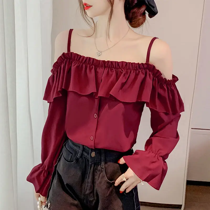 Spring Summer New One-word Neck Off-shoulder Chiffon Shirt Design Mesh Long-sleeved Sun Protection Shirt Korean Style Blouse images - 6