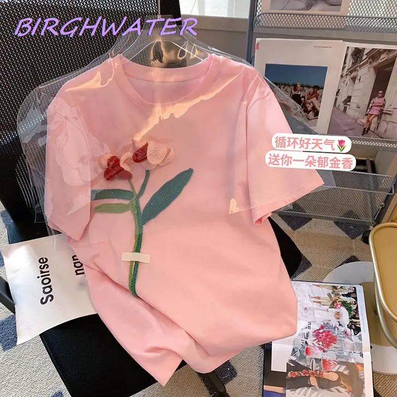 

Женские футболки с аппликацией тюльпана, Простые Летние футболки с коротким рукавом и круглым вырезом, топы, новинка 2022, милая одежда для де...