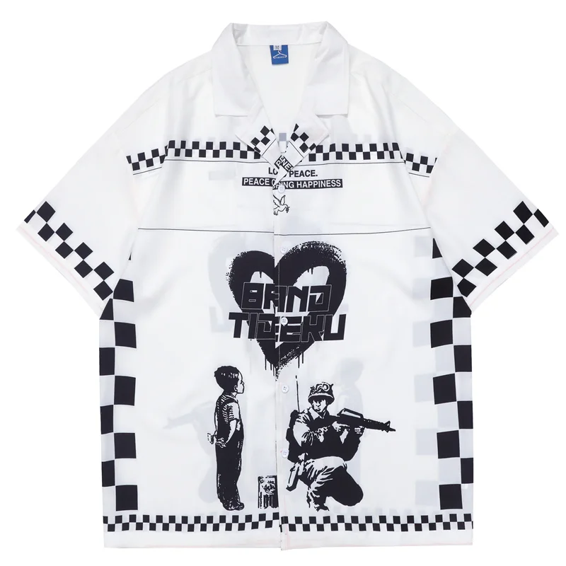 

2022 Hip Hop Streetwear Hawaiian Shirt Heart Letter Figure Print Vintage Blouse Summer Harajuku Oversized Short Sleeve Shirts