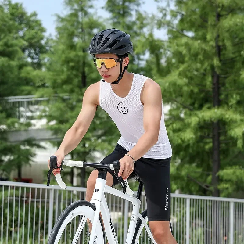 Фото Велосипедный базовый слой WEST BIKING, сетчатый дышащий спортивный комплект нижнего белья, Свитшот без рукавов с принтом улыбающегося лица, на лето №5