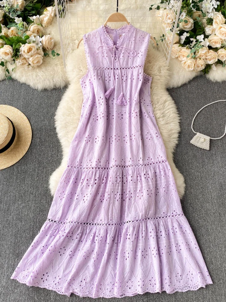 

Длинное платье в стиле бохо, женское летнее однотонное Повседневное платье без рукавов, с вырезами, элегантное Свободное длинное платье трапециевидной формы