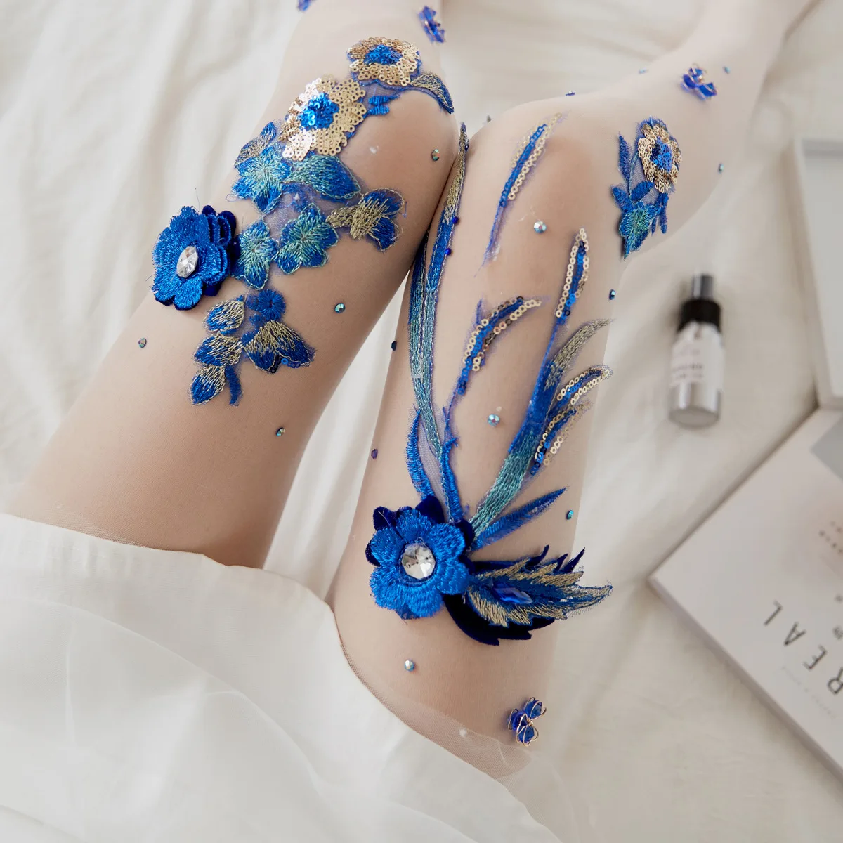 

Handmade embroidered flower style cherry blue enchantress pattern without hook silk mask socks stockings pantyhose women