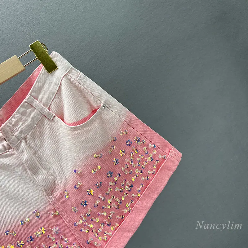 Sequined Denim Shorts Women's 2023 New Summer Gradient High Waist Loose and Limming Wide-Leg Hot Pants Studded Shorts Street