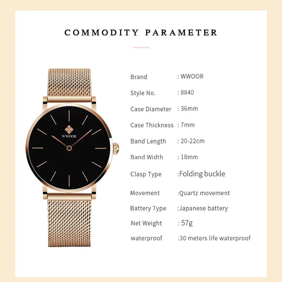 Модные женские часы WWOOR элитные брендовые водостойкий ремешок из нержавеющей