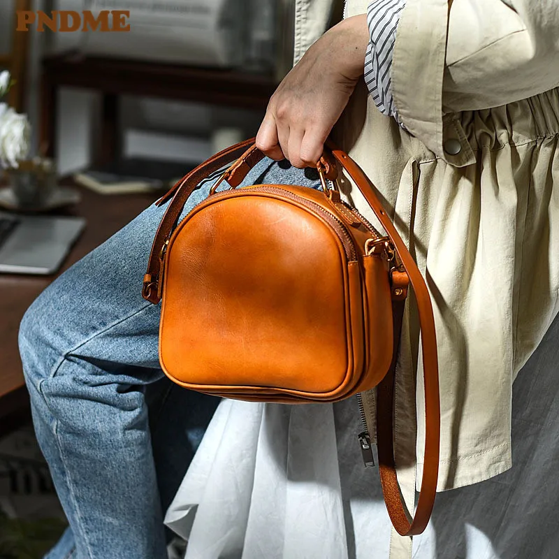 Fashion vintage genuine leather women's 2 zipper small round handbag simple natural real cowhide female shoulder crossbody bag
