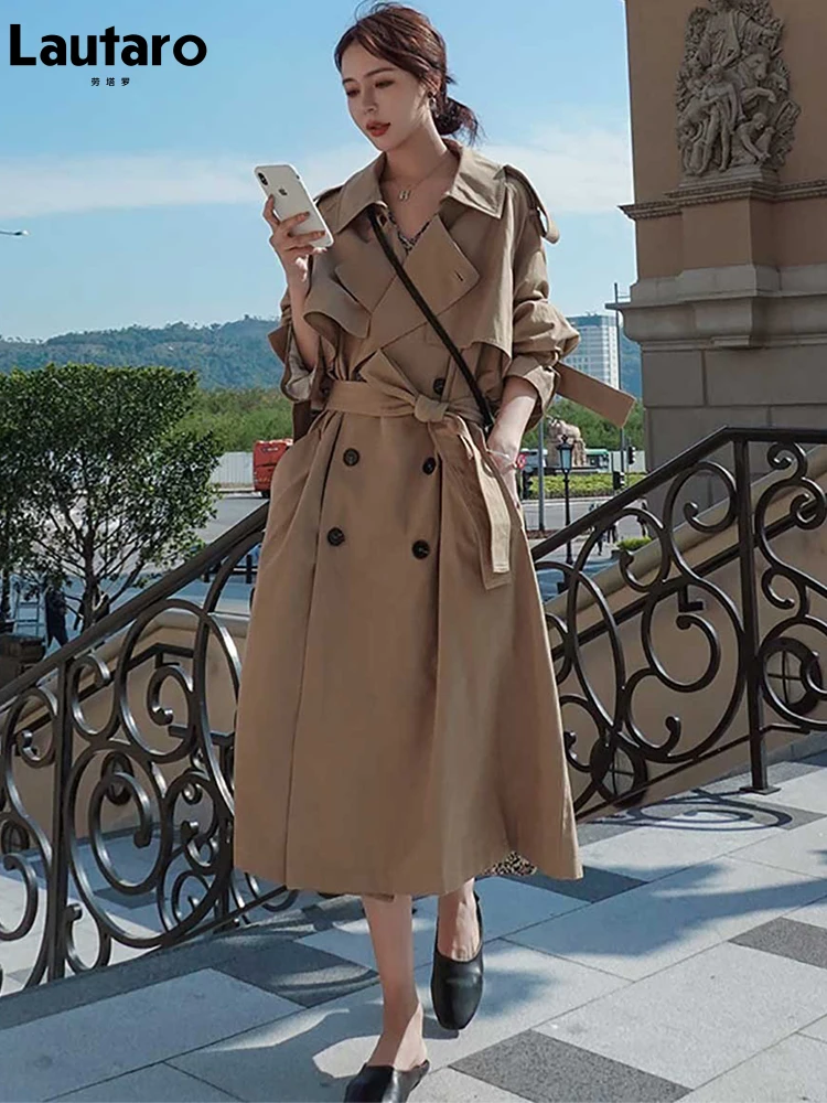 

Lautaro Весна Осень Длинный хаки оверсайз тренч для женщин с рукавом реглан и поясом Двубортный свободный кэжуал корейская мода тренчкот женск...
