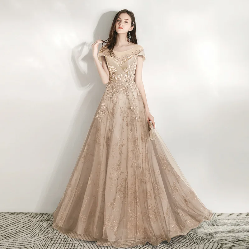 Luxury Prom Dress Off Shoulder A-Line Beading Exquisite Sequins Illusion Scoop Neck Gray Spray Gold Tulle Ceremony Evening Gowns