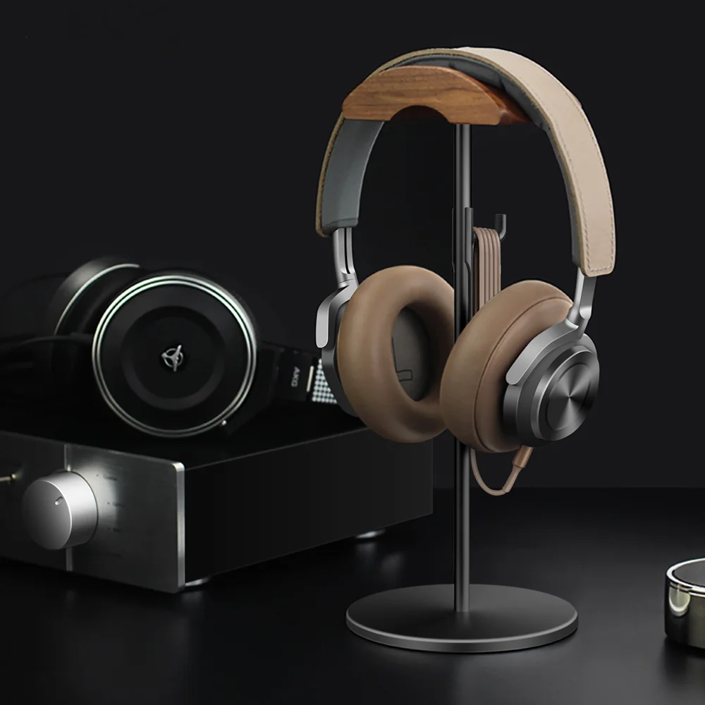 

Black Walnut Wood &amp Aluminum Headphone Stand Nature Walnut Gaming Headset Holder with Solid Metal Base for Table Desk Display